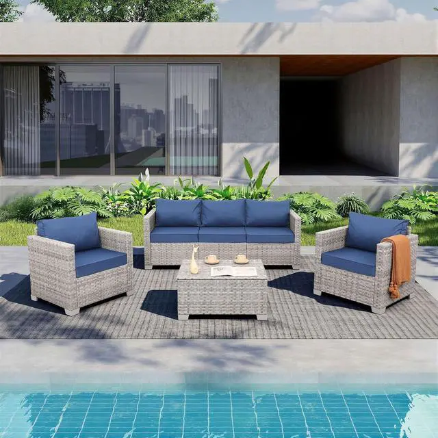 Main image of WAROOM Patio Furniture Set 4 Piece Outdoor Wicker Conversation Sets PE Rattan Couch Sectional Sofa with Storage Table, Navy Blue Cushion