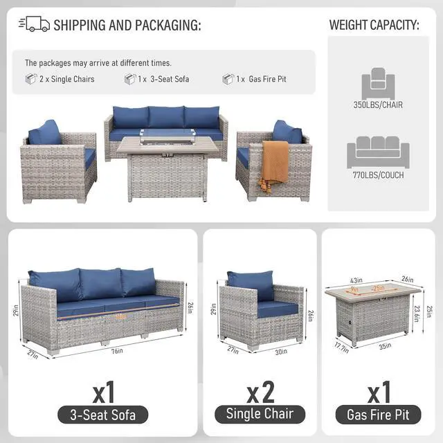Alt view image 3 of 7 - WAROOM Patio Furniture Set 4 Piece Outdoor Wicker Conversation Sets PE Rattan Couch Sectional Sofa with Fire Pit Table, Navy Blue Cushion