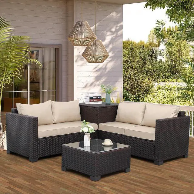 Main image of WAROOM Patio Furniture Set 4 Piece Conversation Sets Brown Rattan Outdoor Couch Loveseat Wicker Sectional Sofa with Storage Box Glass Top Table, Khaki Cushion