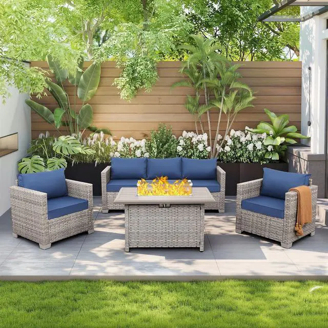Main image of WAROOM Patio Furniture Set 4 Piece Outdoor Wicker Conversation Sets PE Rattan Couch Sectional Sofa with Fire Pit Table, Navy Blue Cushion