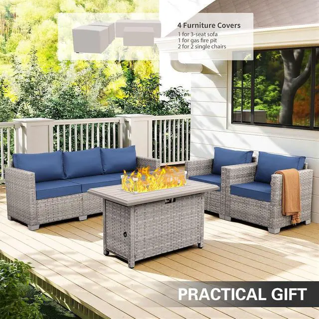 Alt view image 2 of 7 - WAROOM Patio Furniture Set 4 Piece Outdoor Wicker Conversation Sets PE Rattan Couch Sectional Sofa with Fire Pit Table, Navy Blue Cushion