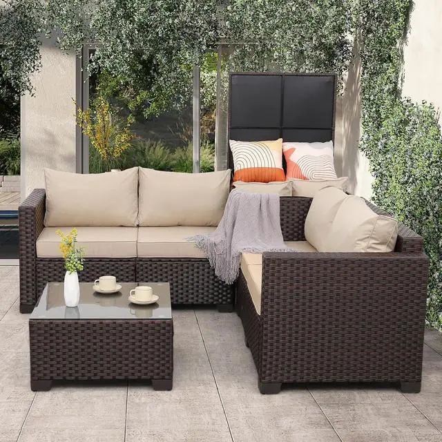 Alt view image 2 of 6 - WAROOM Patio Furniture Set 4 Piece Conversation Sets Brown Rattan Outdoor Couch Loveseat Wicker Sectional Sofa with Storage Box Glass Top Table, Khaki Cushion