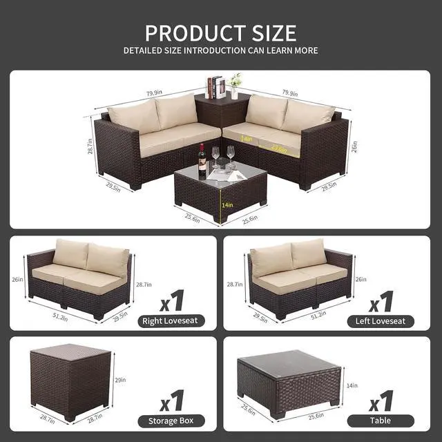 Alt view image 3 of 6 - WAROOM Patio Furniture Set 4 Piece Conversation Sets Brown Rattan Outdoor Couch Loveseat Wicker Sectional Sofa with Storage Box Glass Top Table, Khaki Cushion