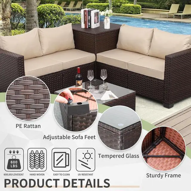 Alt view image 4 of 6 - WAROOM Patio Furniture Set 4 Piece Conversation Sets Brown Rattan Outdoor Couch Loveseat Wicker Sectional Sofa with Storage Box Glass Top Table, Khaki Cushion