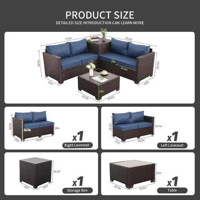 Alt view image 2 of 7 - WAROOM Patio Furniture Set 4 Piece Conversation Sets Brown Rattan Outdoor Couch Loveseat Wicker Sectional Sofa with Storage Box Glass Top Table, Navy Blue Cushion