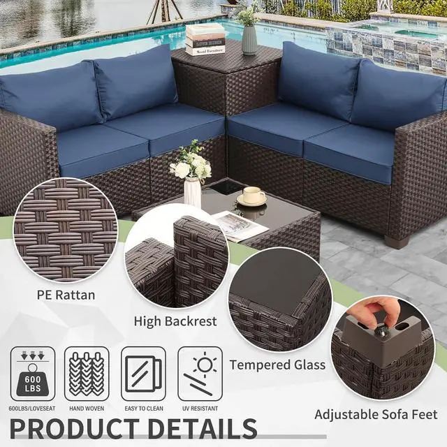 Alt view image 3 of 7 - WAROOM Patio Furniture Set 4 Piece Conversation Sets Brown Rattan Outdoor Couch Loveseat Wicker Sectional Sofa with Storage Box Glass Top Table, Navy Blue Cushion