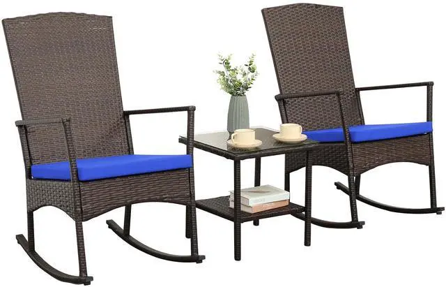 Main image of WAROOM Outdoor Wicker Rocking Chair 3 Piece Porch Chairs Patio Bistro Set PE Rattan Furniture Sets with Coffee Table, Royal Blue Cushion