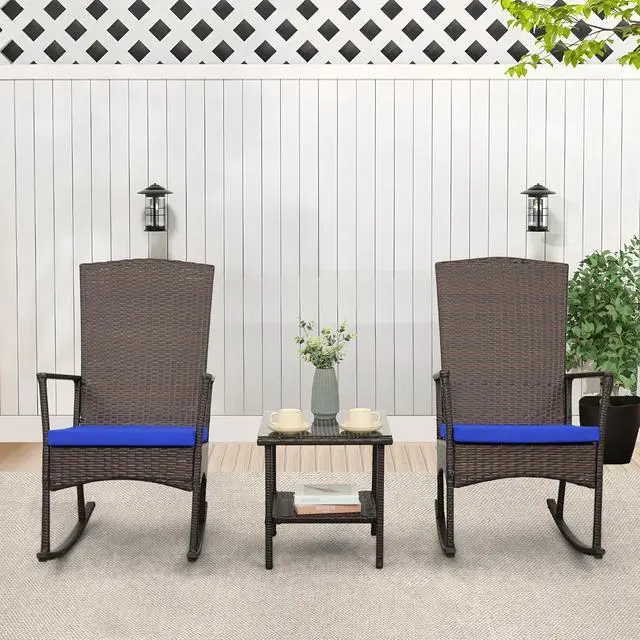 Alt view image 2 of 7 - WAROOM Outdoor Wicker Rocking Chair 3 Piece Porch Chairs Patio Bistro Set PE Rattan Furniture Sets with Coffee Table, Royal Blue Cushion