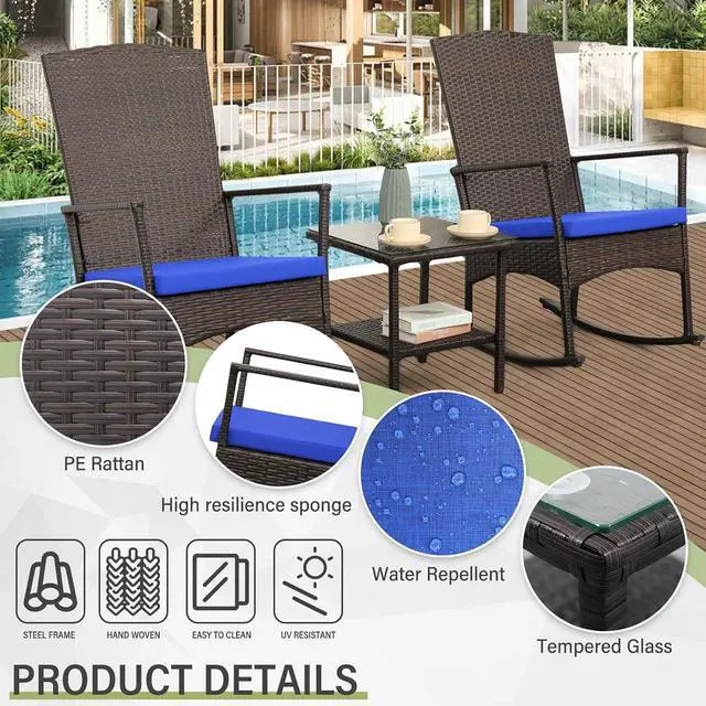 Alt view image 4 of 7 - WAROOM Outdoor Wicker Rocking Chair 3 Piece Porch Chairs Patio Bistro Set PE Rattan Furniture Sets with Coffee Table, Royal Blue Cushion