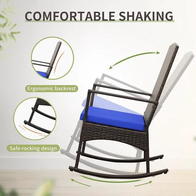Alt view image 5 of 7 - WAROOM Outdoor Wicker Rocking Chair 3 Piece Porch Chairs Patio Bistro Set PE Rattan Furniture Sets with Coffee Table, Royal Blue Cushion