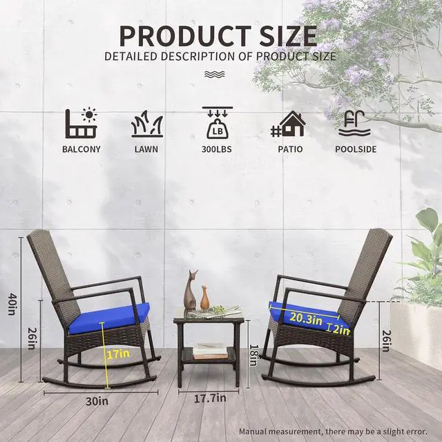 Alt view image 3 of 7 - WAROOM Outdoor Wicker Rocking Chair 3 Piece Porch Chairs Patio Bistro Set PE Rattan Furniture Sets with Coffee Table, Royal Blue Cushion