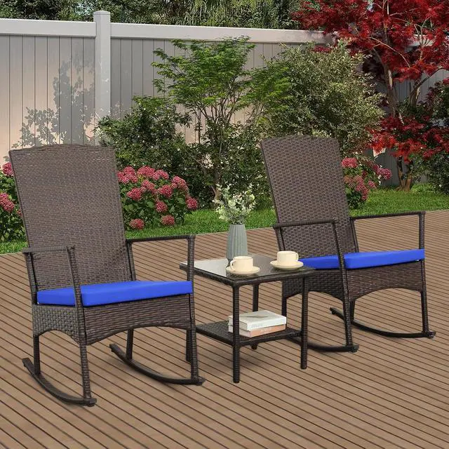 Alt view image 7 of 7 - WAROOM Outdoor Wicker Rocking Chair 3 Piece Porch Chairs Patio Bistro Set PE Rattan Furniture Sets with Coffee Table, Royal Blue Cushion