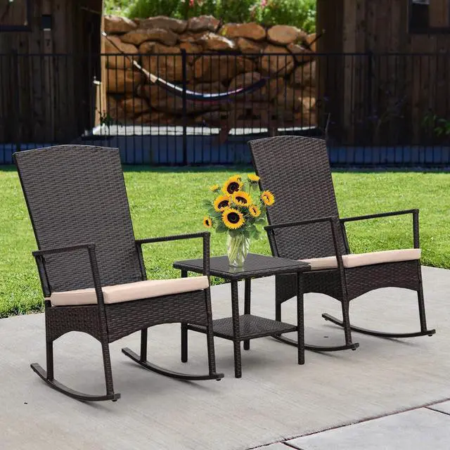 Main image of WAROOM Outdoor Wicker Rocking Chair 3 Piece Porch Chairs Patio Bistro Set PE Rattan Furniture Sets with Coffee Table, Khaki Cushion