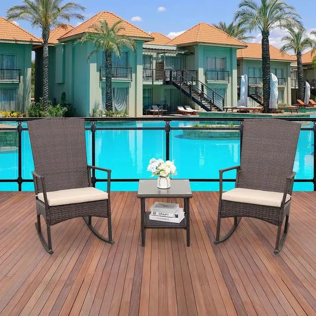 Alt view image 2 of 7 - WAROOM Outdoor Wicker Rocking Chair 3 Piece Porch Chairs Patio Bistro Set PE Rattan Furniture Sets with Coffee Table, Khaki Cushion