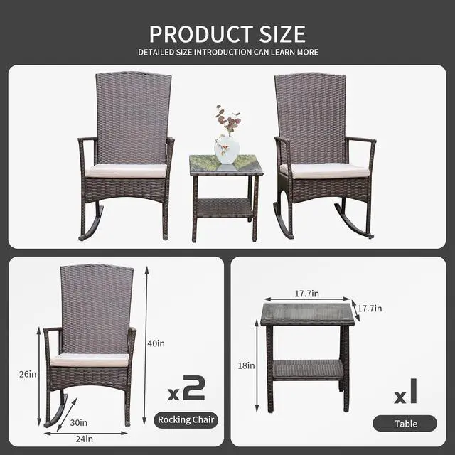 Alt view image 3 of 7 - WAROOM Outdoor Wicker Rocking Chair 3 Piece Porch Chairs Patio Bistro Set PE Rattan Furniture Sets with Coffee Table, Khaki Cushion