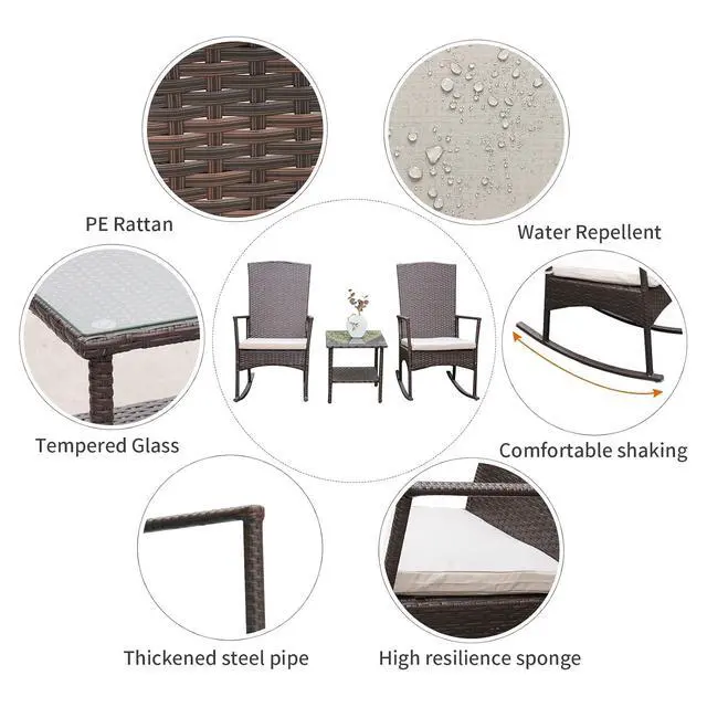 Alt view image 4 of 7 - WAROOM Outdoor Wicker Rocking Chair 3 Piece Porch Chairs Patio Bistro Set PE Rattan Furniture Sets with Coffee Table, Khaki Cushion