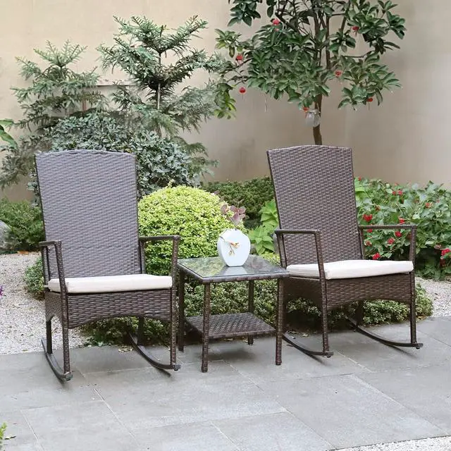 Alt view image 7 of 7 - WAROOM Outdoor Wicker Rocking Chair 3 Piece Porch Chairs Patio Bistro Set PE Rattan Furniture Sets with Coffee Table, Khaki Cushion