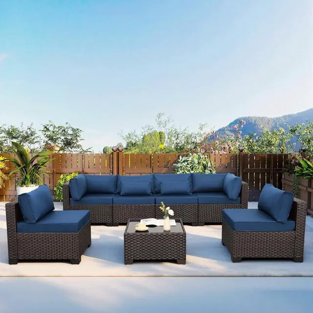 Main image of WAROOM Outdoor Patio Furniture Set 7 Pieces Wicker Sectional Sofa Brown Rattan Conversation Couch with Coffee Table, Anti-Slip Thick Nave Blue Cushion