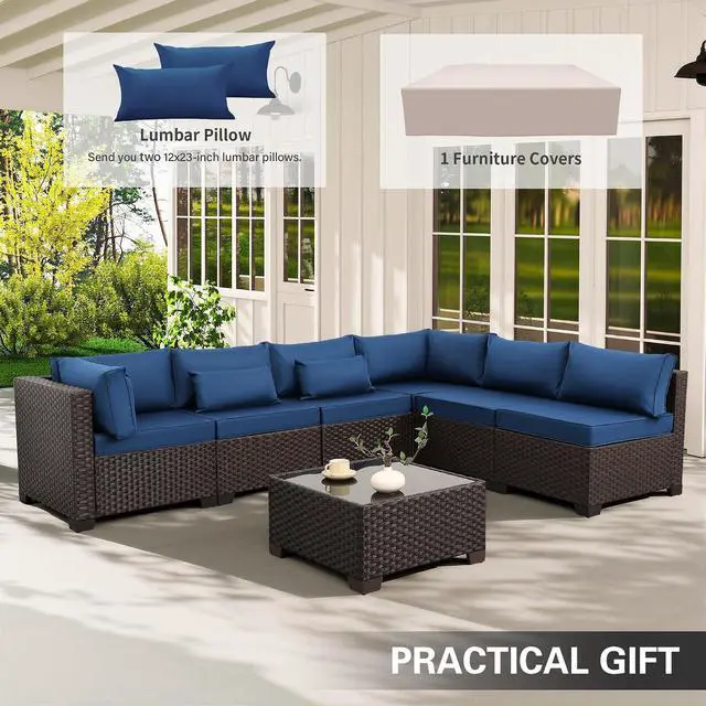 Alt view image 2 of 7 - WAROOM Outdoor Patio Furniture Set 7 Pieces Wicker Sectional Sofa Brown Rattan Conversation Couch with Coffee Table, Anti-Slip Thick Nave Blue Cushion