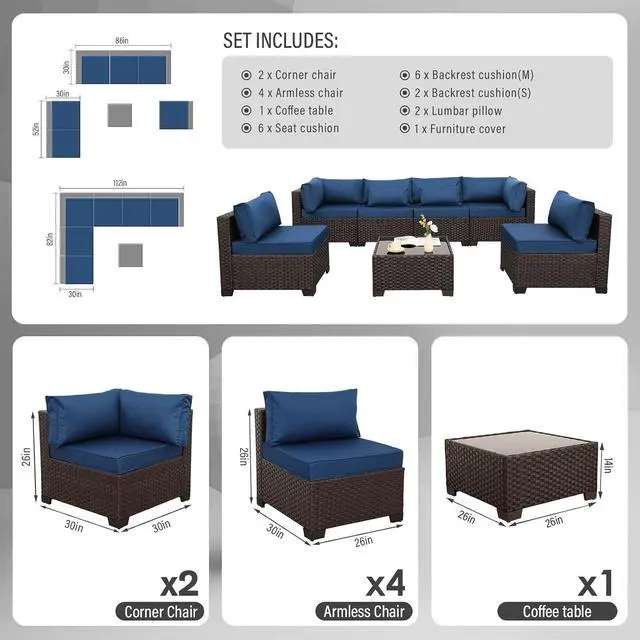Alt view image 3 of 7 - WAROOM Outdoor Patio Furniture Set 7 Pieces Wicker Sectional Sofa Brown Rattan Conversation Couch with Coffee Table, Anti-Slip Thick Nave Blue Cushion