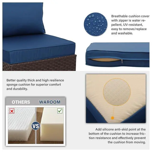Alt view image 5 of 7 - WAROOM Outdoor Patio Furniture Set 7 Pieces Wicker Sectional Sofa Brown Rattan Conversation Couch with Coffee Table, Anti-Slip Thick Nave Blue Cushion
