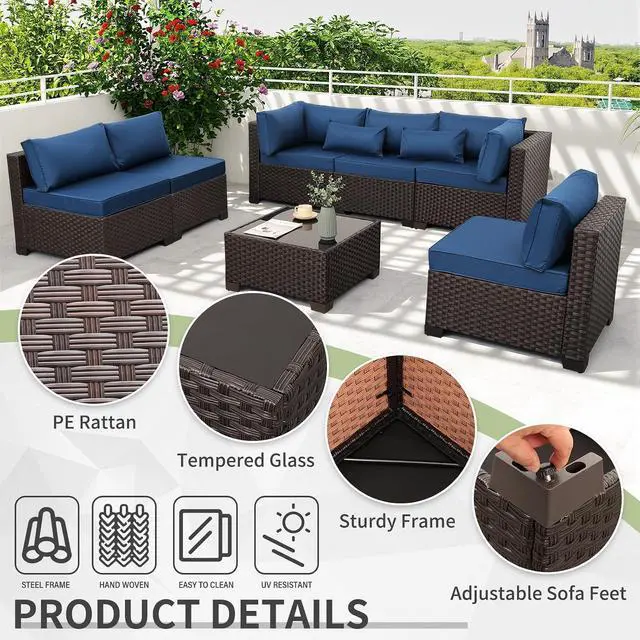 Alt view image 4 of 7 - WAROOM Outdoor Patio Furniture Set 7 Pieces Wicker Sectional Sofa Brown Rattan Conversation Couch with Coffee Table, Anti-Slip Thick Nave Blue Cushion