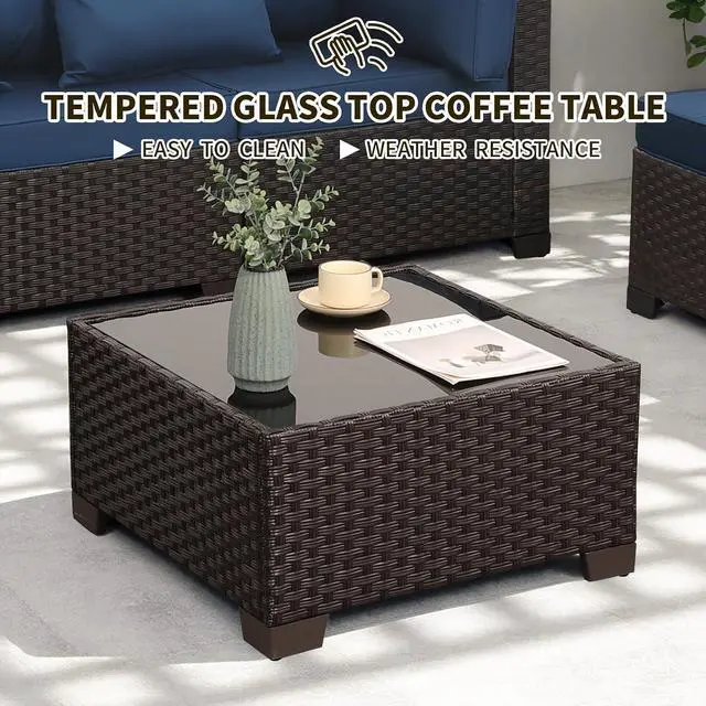 Alt view image 6 of 7 - WAROOM Patio Furniture Set 4 Piece Conversation Sets Brown Rattan Outdoor Couch Loveseat Wicker Sectional Sofa with Storage Box Glass Top Table, Navy Blue Cushion