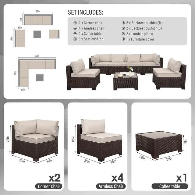 Alt view image 3 of 7 - WAROOM Outdoor Patio Furniture Set 7 Pieces Wicker Sectional Sofa Brown Rattan Conversation Couch with Coffee Table, Anti-Slip Thick Beige Cushion