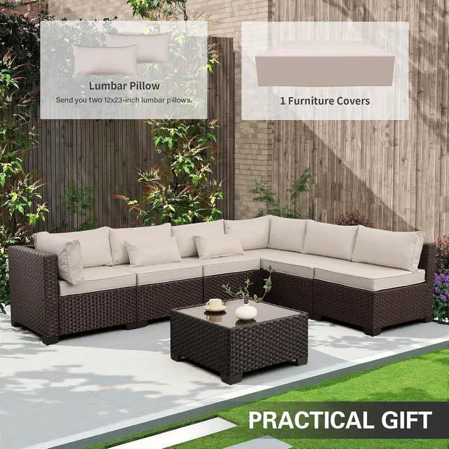 Alt view image 2 of 7 - WAROOM Outdoor Patio Furniture Set 7 Pieces Wicker Sectional Sofa Brown Rattan Conversation Couch with Coffee Table, Anti-Slip Thick Beige Cushion