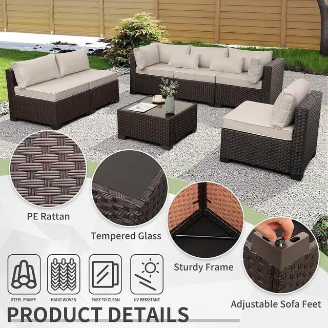 Alt view image 4 of 7 - WAROOM Outdoor Patio Furniture Set 7 Pieces Wicker Sectional Sofa Brown Rattan Conversation Couch with Coffee Table, Anti-Slip Thick Beige Cushion