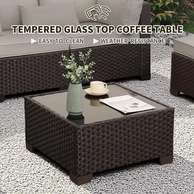 Alt view image 7 of 7 - WAROOM Outdoor Patio Furniture Set 7 Pieces Wicker Sectional Sofa Brown Rattan Conversation Couch with Coffee Table, Anti-Slip Thick Beige Cushion