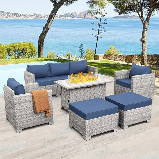 Main image of WAROOM Patio Furniture Set 6 Piece PE Rattan Outdoor Conversation Sets Grey Wicker Couch Sectional Sofa with Fire Pit Table and Navy Blue Cushion
