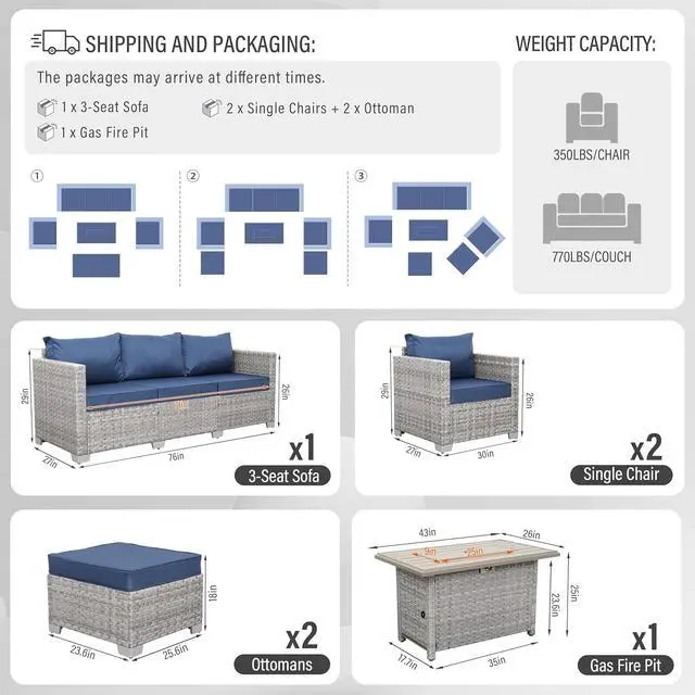 Alt view image 3 of 7 - WAROOM Patio Furniture Set 6 Piece PE Rattan Outdoor Conversation Sets Grey Wicker Couch Sectional Sofa with Fire Pit Table and Navy Blue Cushion