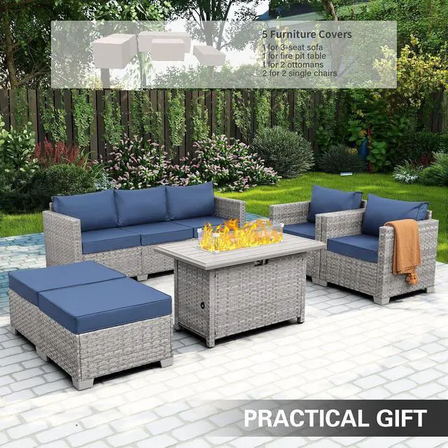 Alt view image 2 of 7 - WAROOM Patio Furniture Set 6 Piece PE Rattan Outdoor Conversation Sets Grey Wicker Couch Sectional Sofa with Fire Pit Table and Navy Blue Cushion