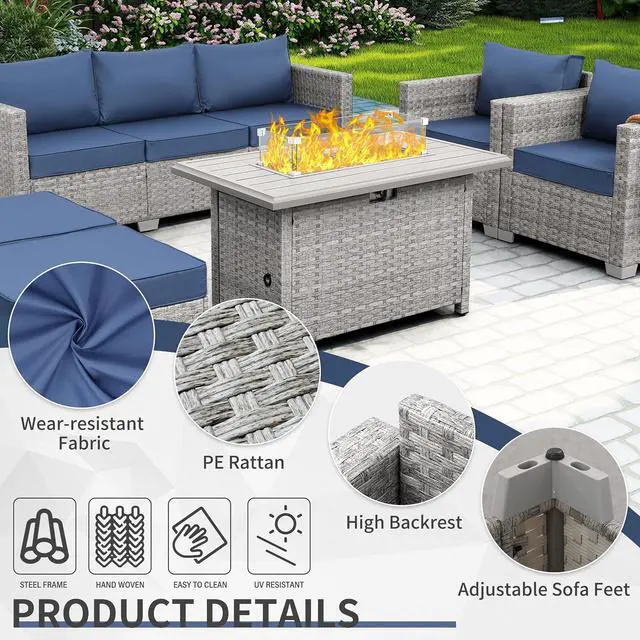 Alt view image 4 of 7 - WAROOM Patio Furniture Set 6 Piece PE Rattan Outdoor Conversation Sets Grey Wicker Couch Sectional Sofa with Fire Pit Table and Navy Blue Cushion