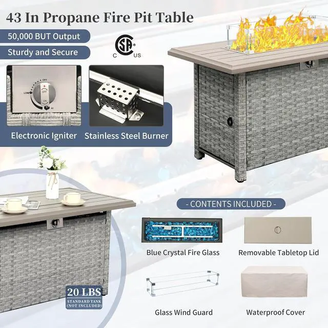 Alt view image 5 of 7 - WAROOM Patio Furniture Set 6 Piece PE Rattan Outdoor Conversation Sets Grey Wicker Couch Sectional Sofa with Fire Pit Table and Navy Blue Cushion