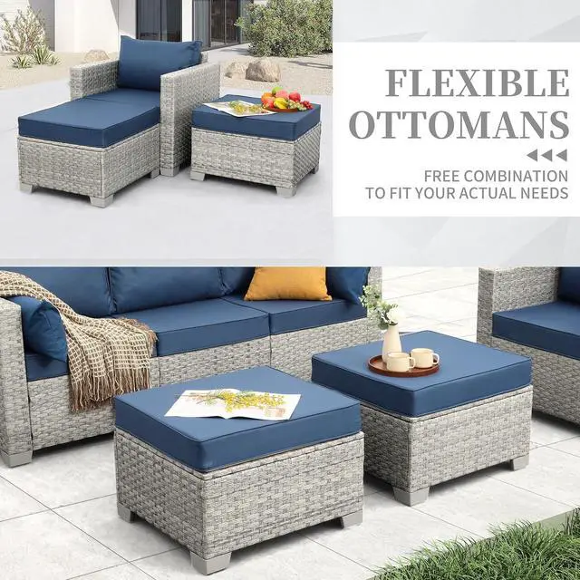 Alt view image 7 of 7 - WAROOM Patio Furniture Set 6 Piece PE Rattan Outdoor Conversation Sets Grey Wicker Couch Sectional Sofa with Fire Pit Table and Navy Blue Cushion