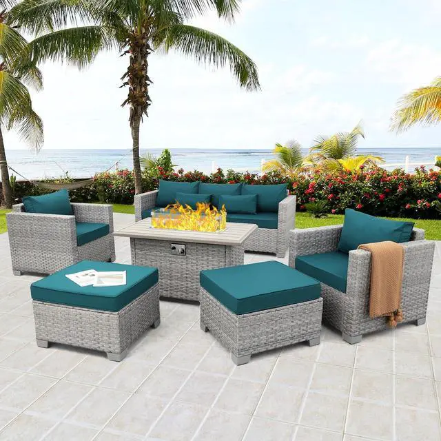 Alt view image 2 of 7 - WAROOM Patio Furniture Set 6 Piece PE Rattan Outdoor Conversation Sets Grey Wicker Couch Sectional Sofa with Fire Pit Table and Peacock Blue Cushion