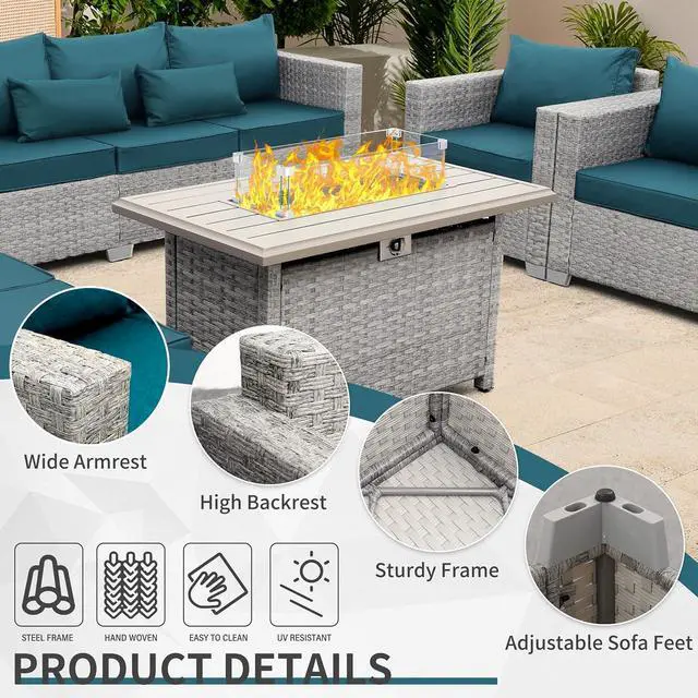 Alt view image 4 of 7 - WAROOM Patio Furniture Set 6 Piece PE Rattan Outdoor Conversation Sets Grey Wicker Couch Sectional Sofa with Fire Pit Table and Peacock Blue Cushion