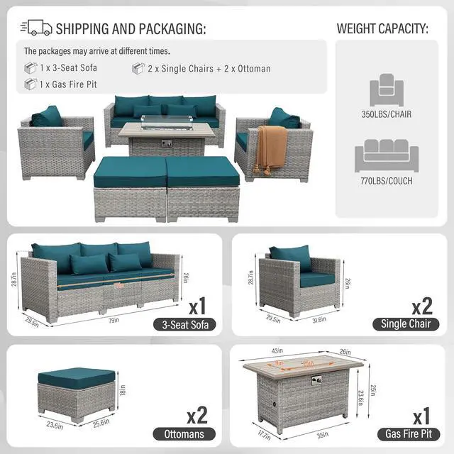 Alt view image 3 of 7 - WAROOM Patio Furniture Set 6 Piece PE Rattan Outdoor Conversation Sets Grey Wicker Couch Sectional Sofa with Fire Pit Table and Peacock Blue Cushion