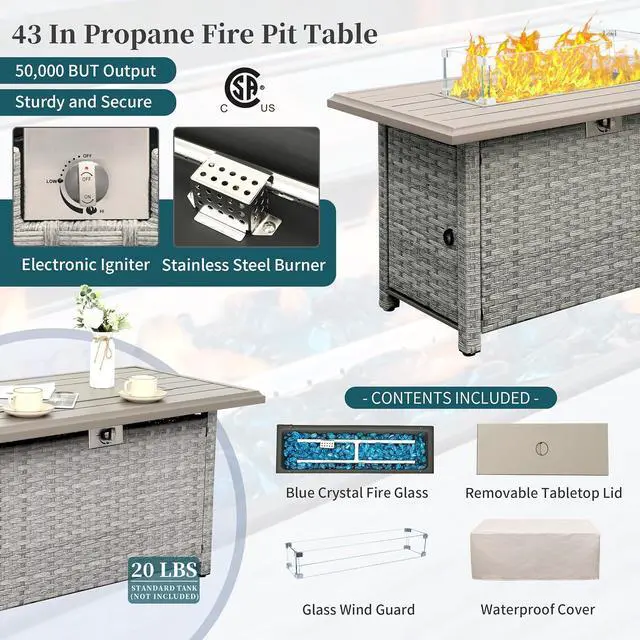 Alt view image 5 of 7 - WAROOM Patio Furniture Set 6 Piece PE Rattan Outdoor Conversation Sets Grey Wicker Couch Sectional Sofa with Fire Pit Table and Peacock Blue Cushion