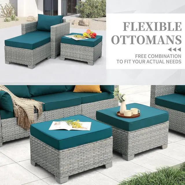 Alt view image 7 of 7 - WAROOM Patio Furniture Set 6 Piece PE Rattan Outdoor Conversation Sets Grey Wicker Couch Sectional Sofa with Fire Pit Table and Peacock Blue Cushion