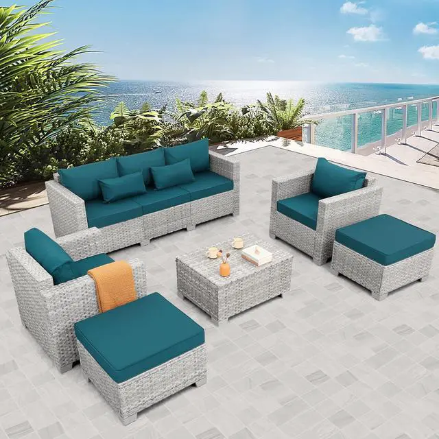 Alt view image 2 of 7 - WAROOM Patio Furniture Set 6 Piece PE Rattan Outdoor Conversation Sets Grey Wicker Couch Sectional Sofa with Storage Coffee Table and Peacock Blue Cushion