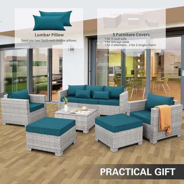 Alt view image 3 of 7 - WAROOM Patio Furniture Set 6 Piece PE Rattan Outdoor Conversation Sets Grey Wicker Couch Sectional Sofa with Storage Coffee Table and Peacock Blue Cushion