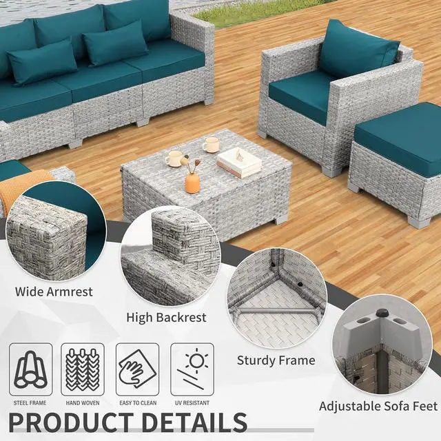Alt view image 5 of 7 - WAROOM Patio Furniture Set 6 Piece PE Rattan Outdoor Conversation Sets Grey Wicker Couch Sectional Sofa with Storage Coffee Table and Peacock Blue Cushion