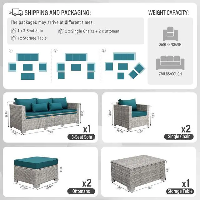 Alt view image 4 of 7 - WAROOM Patio Furniture Set 6 Piece PE Rattan Outdoor Conversation Sets Grey Wicker Couch Sectional Sofa with Storage Coffee Table and Peacock Blue Cushion
