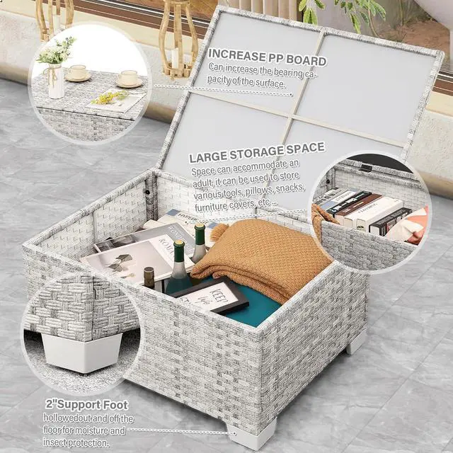 Alt view image 6 of 7 - WAROOM Patio Furniture Set 6 Piece PE Rattan Outdoor Conversation Sets Grey Wicker Couch Sectional Sofa with Storage Coffee Table and Peacock Blue Cushion