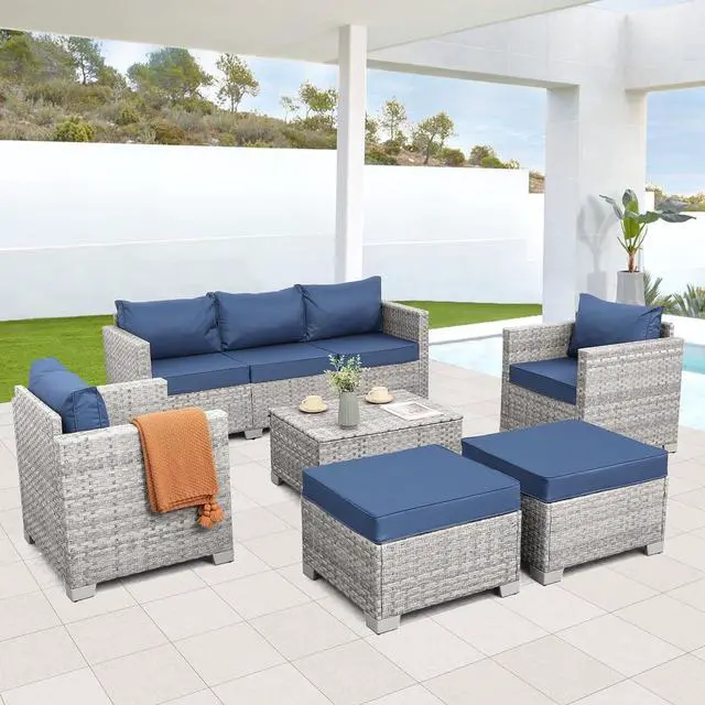 Main image of WAROOM Patio Furniture Set 6 Piece PE Rattan Outdoor Conversation Sets Grey Wicker Couch Sectional Sofa with Storage Coffee Table and Navy Blue Cushion