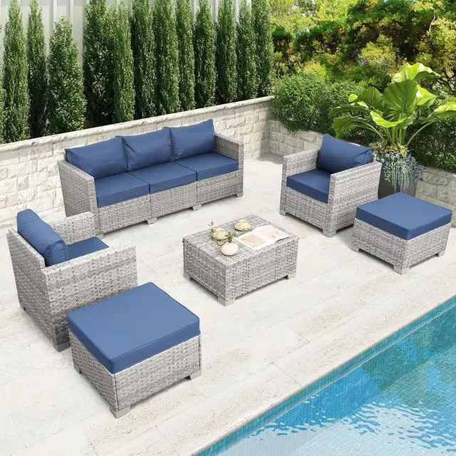 Alt view image 2 of 7 - WAROOM Patio Furniture Set 6 Piece PE Rattan Outdoor Conversation Sets Grey Wicker Couch Sectional Sofa with Storage Coffee Table and Navy Blue Cushion