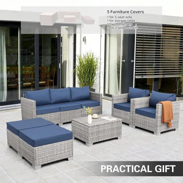 Alt view image 3 of 7 - WAROOM Patio Furniture Set 6 Piece PE Rattan Outdoor Conversation Sets Grey Wicker Couch Sectional Sofa with Storage Coffee Table and Navy Blue Cushion